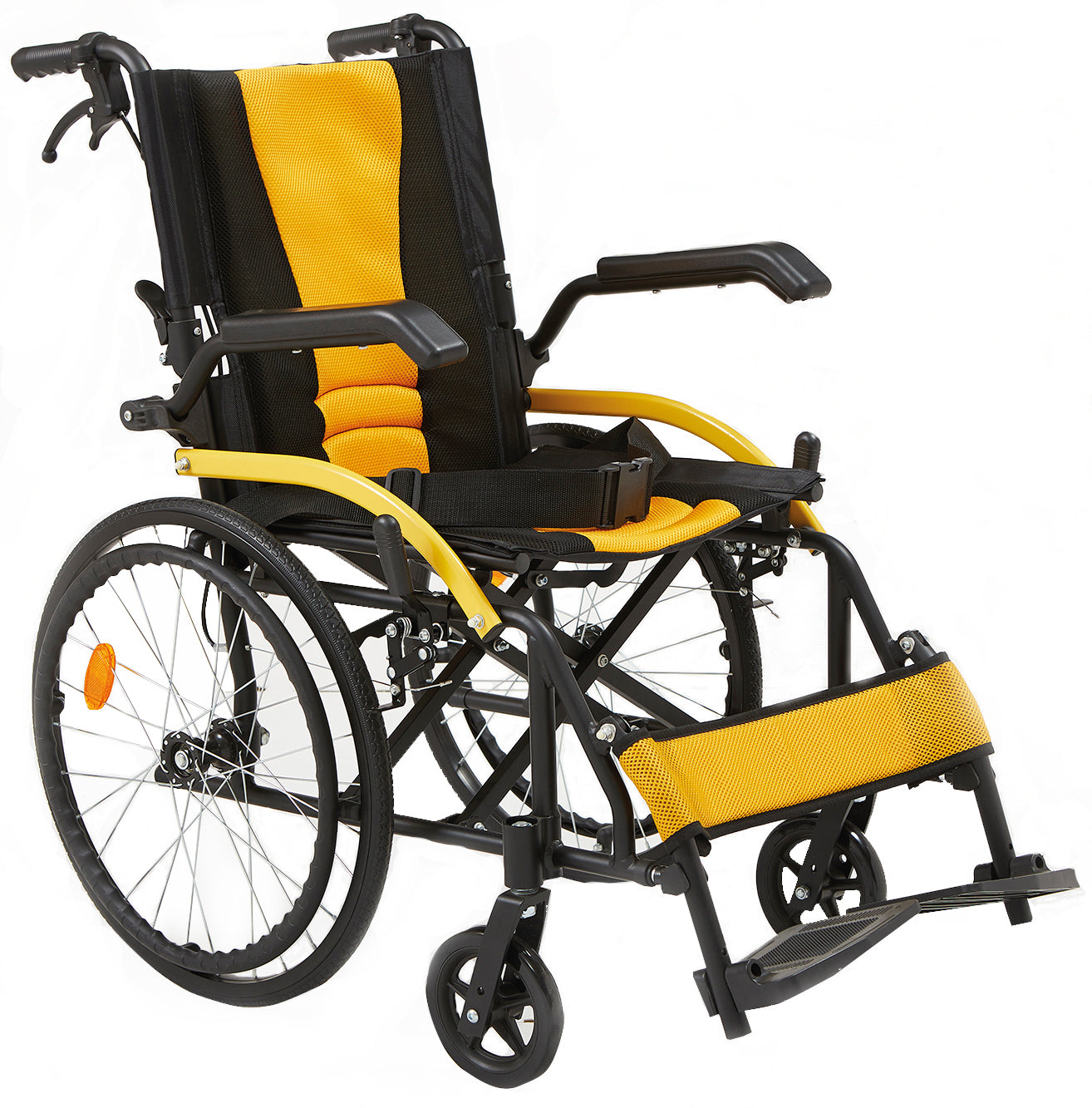 Yellow Manual Wheelchair with Brakes and Power Suspension